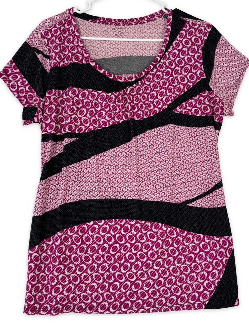 Worthington Blouse Womens XL Fuchsia Black Short Sleeve Scoop Neck Stretch - Picture 1 of 5